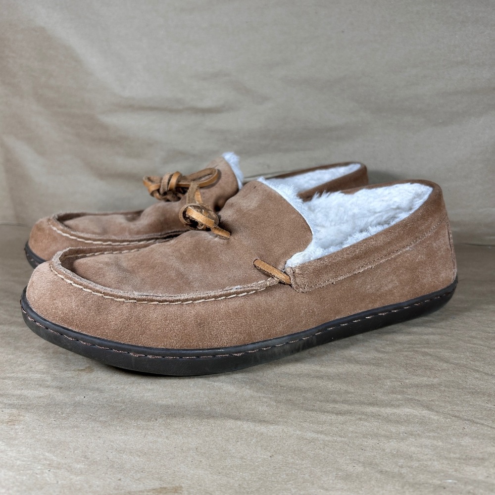 Vionic Adler Slippers Mens 10.5 Tan Solid Suede Faux Fur Lined Moccasins
